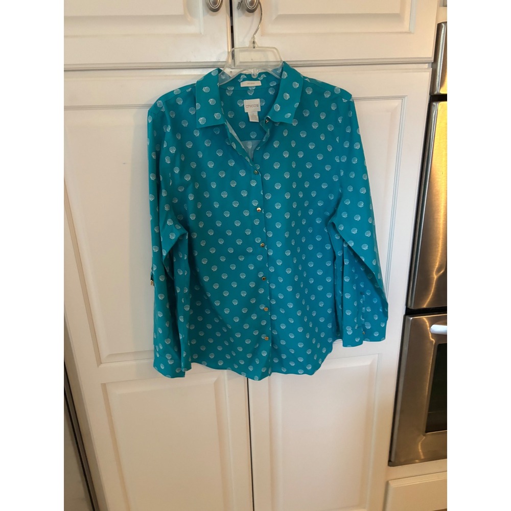Chicos No-Iron Teal Blue Seashell Print Cotton Roll Tab Button Down Shirt XL